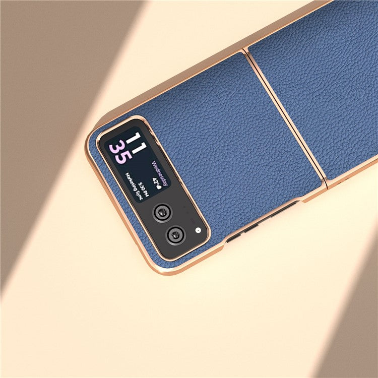 For Motorola Razr 40 5G Anti-fall Litchi Texture Phone Case Genuine Cow Leather + PC Nano Electroplating Cover - Blue
