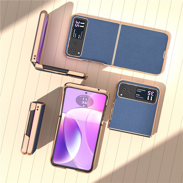 For Motorola Razr 40 5G Anti-fall Litchi Texture Phone Case Genuine Cow Leather + PC Nano Electroplating Cover - Blue