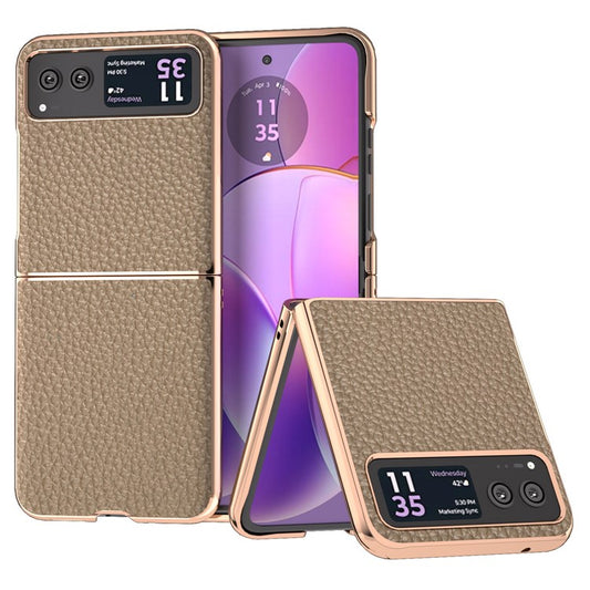 Back Cover for Motorola Razr 40 5G , Litchi Texture Genuine Cow Leather Coated PC Nano Electroplating Phone Case - Khaki