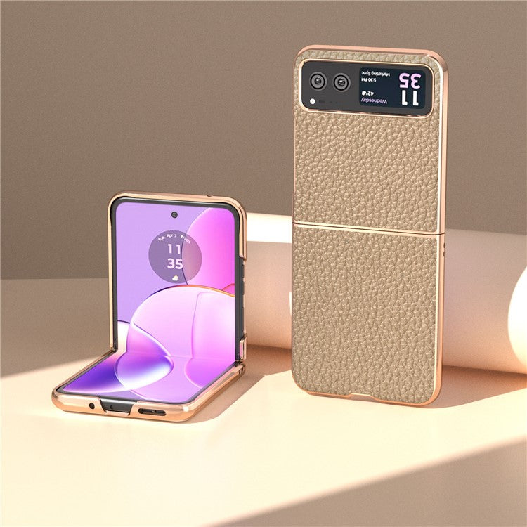 Back Cover for Motorola Razr 40 5G , Litchi Texture Genuine Cow Leather Coated PC Nano Electroplating Phone Case - Khaki