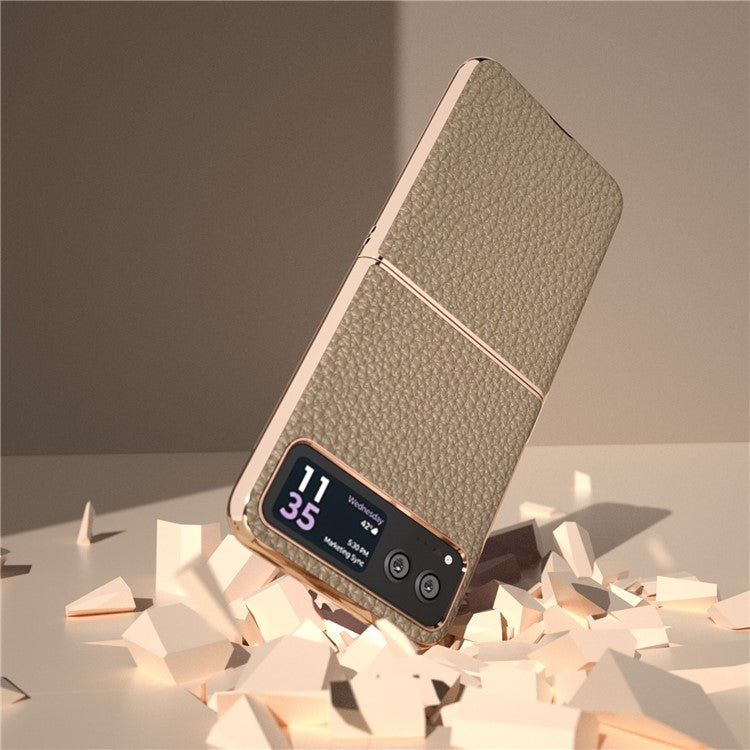 Back Cover for Motorola Razr 40 5G , Litchi Texture Genuine Cow Leather Coated PC Nano Electroplating Phone Case - Khaki