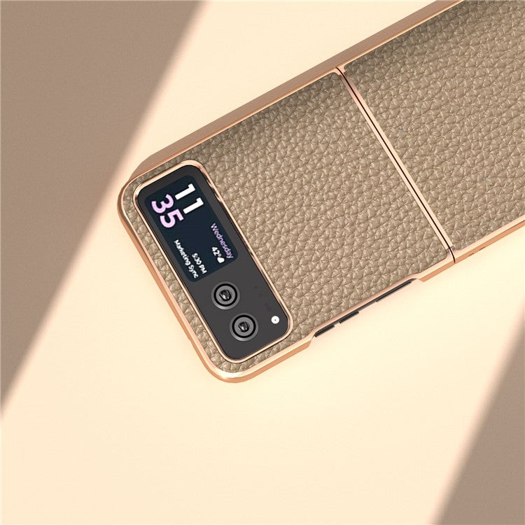 Back Cover for Motorola Razr 40 5G , Litchi Texture Genuine Cow Leather Coated PC Nano Electroplating Phone Case - Khaki