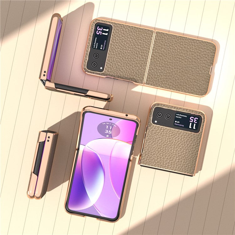 Back Cover for Motorola Razr 40 5G , Litchi Texture Genuine Cow Leather Coated PC Nano Electroplating Phone Case - Khaki