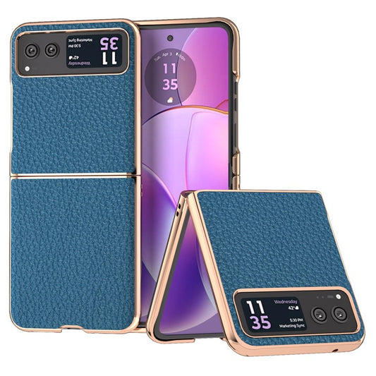 Back Cover for Motorola Razr 40 5G , Litchi Texture Genuine Cow Leather Coated PC Nano Electroplating Phone Case - Blue