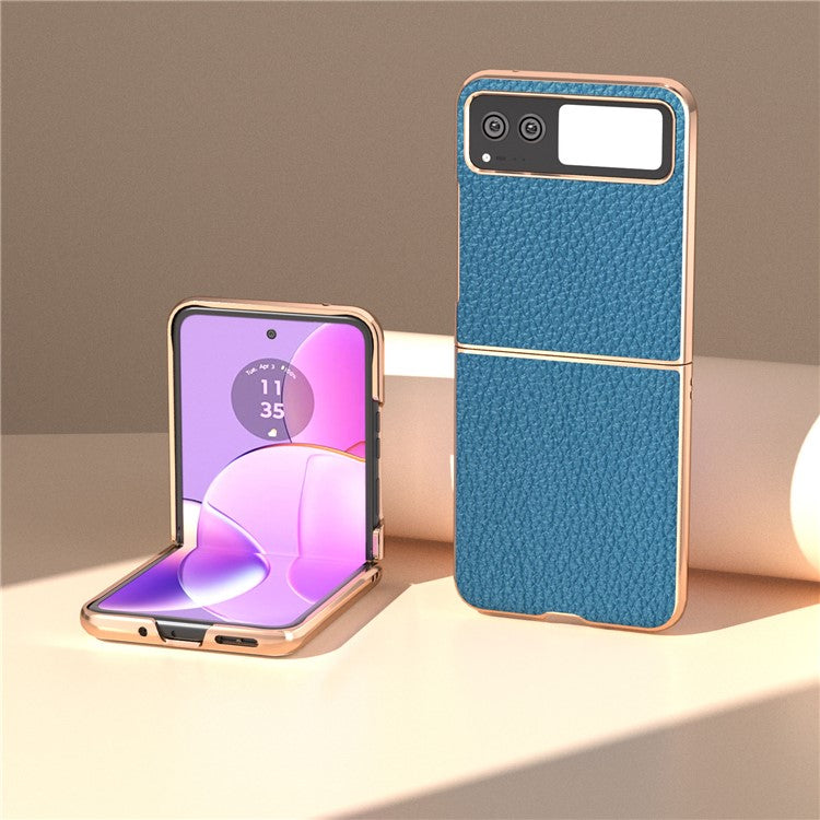 Back Cover for Motorola Razr 40 5G , Litchi Texture Genuine Cow Leather Coated PC Nano Electroplating Phone Case - Blue