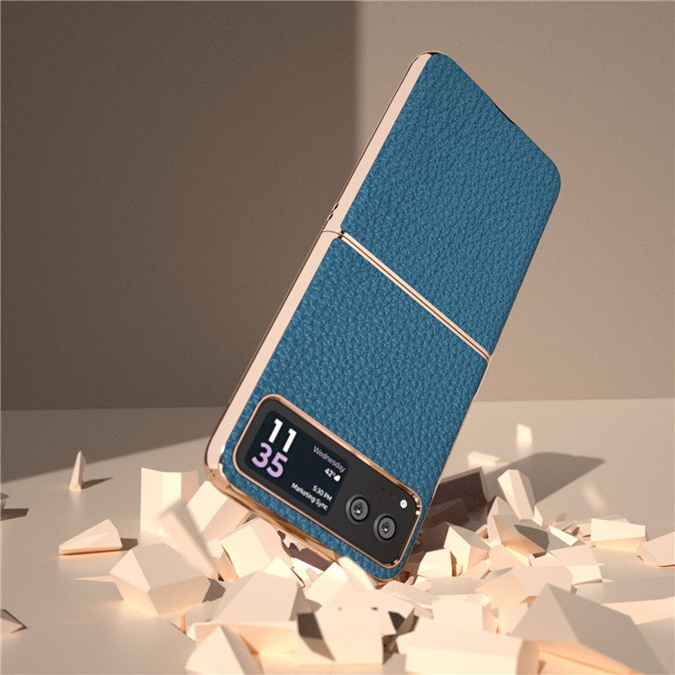Back Cover for Motorola Razr 40 5G , Litchi Texture Genuine Cow Leather Coated PC Nano Electroplating Phone Case - Blue