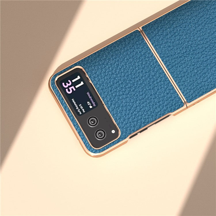 Back Cover for Motorola Razr 40 5G , Litchi Texture Genuine Cow Leather Coated PC Nano Electroplating Phone Case - Blue