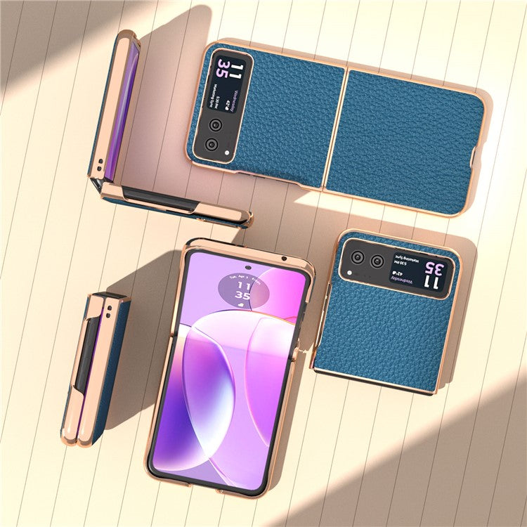 Back Cover for Motorola Razr 40 5G , Litchi Texture Genuine Cow Leather Coated PC Nano Electroplating Phone Case - Blue