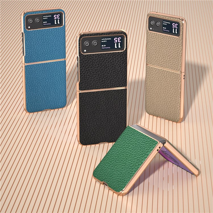 Back Cover for Motorola Razr 40 5G , Litchi Texture Genuine Cow Leather Coated PC Nano Electroplating Phone Case - Blue