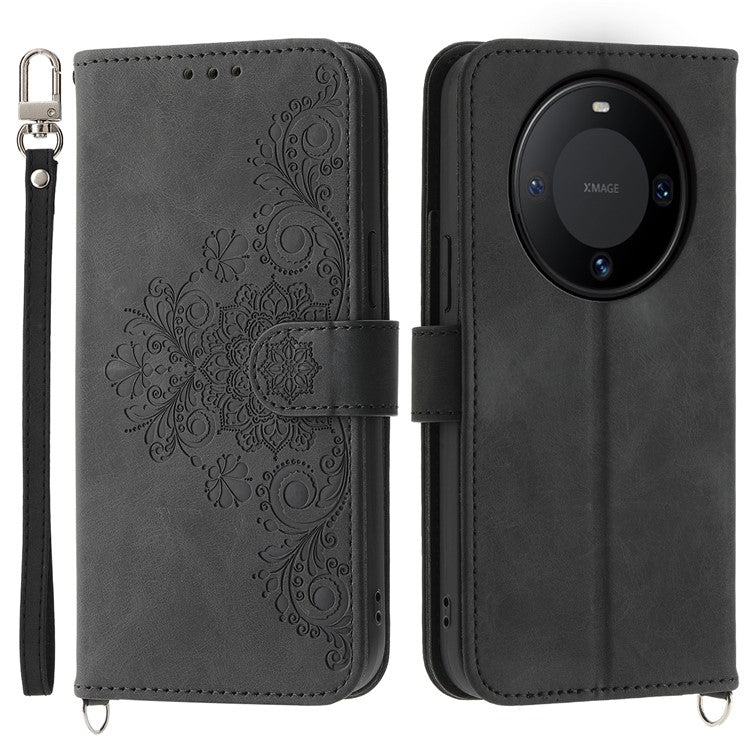 For Huawei Mate 60 Stand Wallet Phone Case PU Leather Imprinted Flower Phone Cover with Wrist Strap + Shoulder Strap - Black