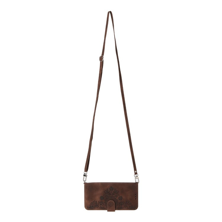 For Huawei Mate 60 Stand Wallet Phone Case PU Leather Imprinted Flower Phone Cover with Wrist Strap + Shoulder Strap - Brown