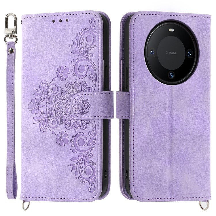 For Huawei Mate 60 Stand Wallet Phone Case PU Leather Imprinted Flower Phone Cover with Wrist Strap + Shoulder Strap - Light Purple