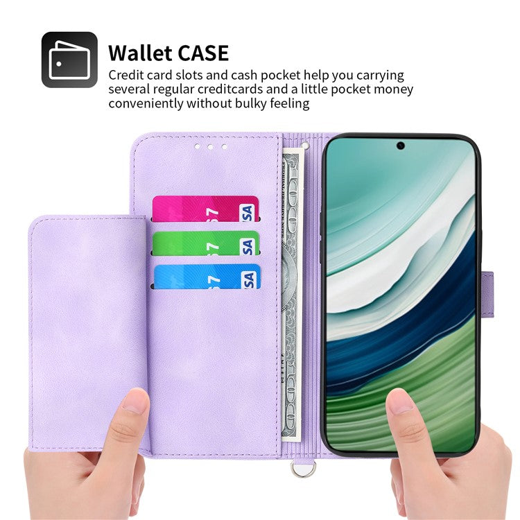 For Huawei Mate 60 Stand Wallet Phone Case PU Leather Imprinted Flower Phone Cover with Wrist Strap + Shoulder Strap - Light Purple