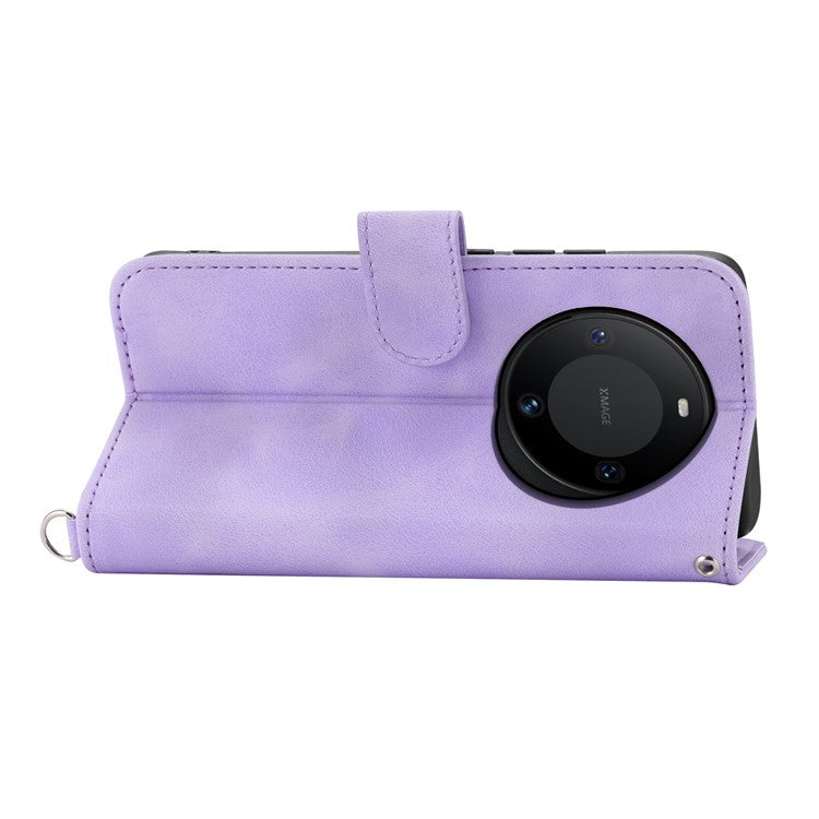 For Huawei Mate 60 Stand Wallet Phone Case PU Leather Imprinted Flower Phone Cover with Wrist Strap + Shoulder Strap - Light Purple