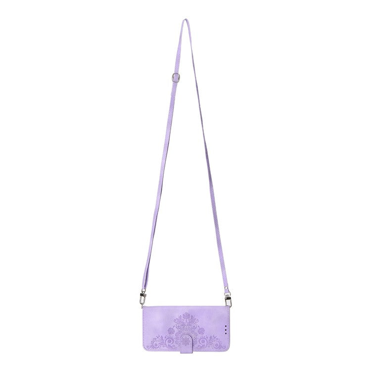 For Huawei Mate 60 Stand Wallet Phone Case PU Leather Imprinted Flower Phone Cover with Wrist Strap + Shoulder Strap - Light Purple