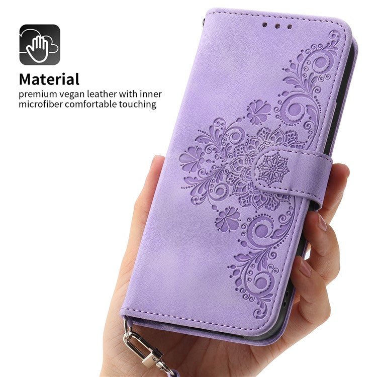 For Huawei Mate 60 Stand Wallet Phone Case PU Leather Imprinted Flower Phone Cover with Wrist Strap + Shoulder Strap - Light Purple