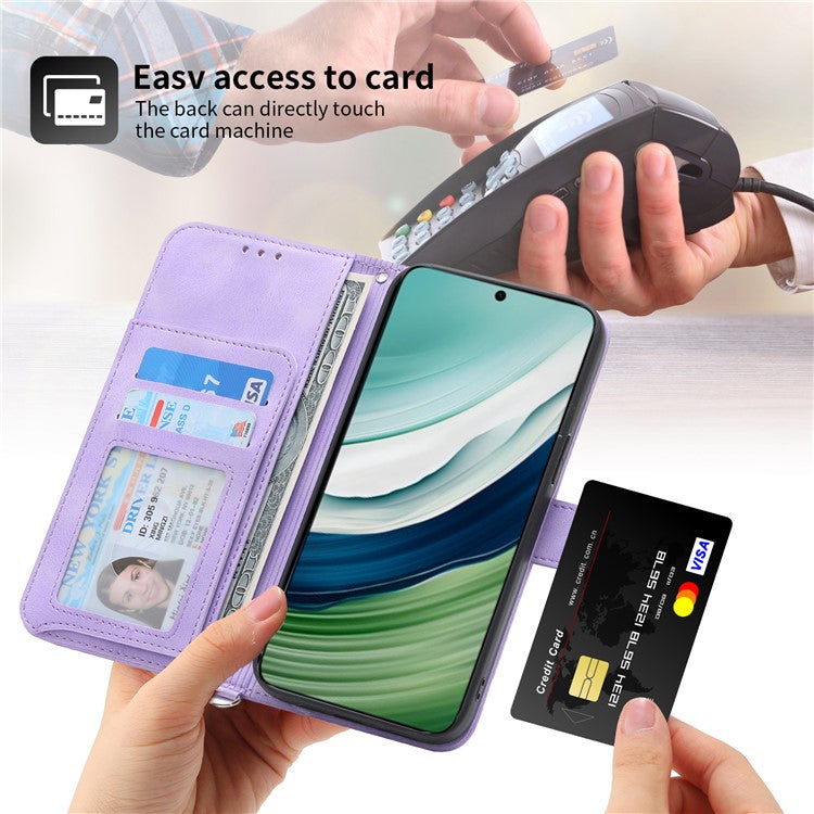 For Huawei Mate 60 Stand Wallet Phone Case PU Leather Imprinted Flower Phone Cover with Wrist Strap + Shoulder Strap - Light Purple