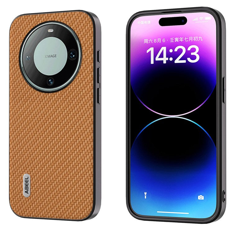 ABEEL For Huawei Mate 60 Phone Case Carbon Fiber Texture PU Leather Coated PC+TPU Phone Cover - Light Brown