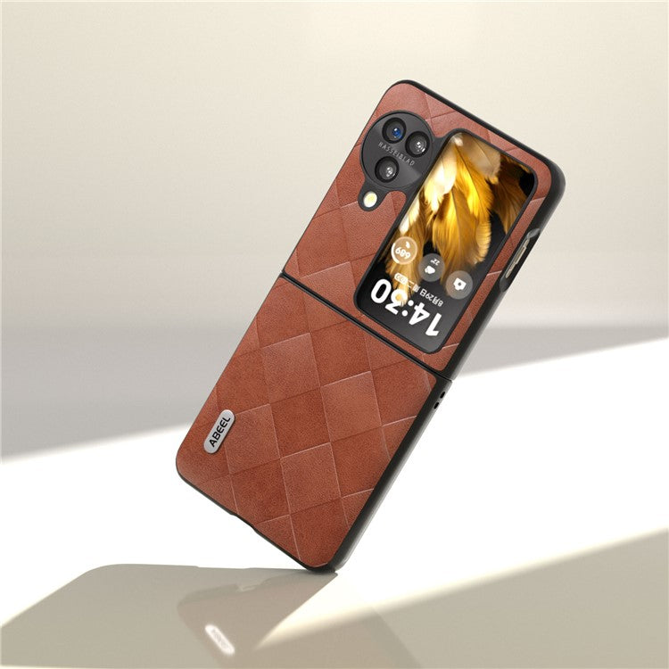 ABEEL For Oppo Find N3 Flip 5G Folding Phone Case PU Leather Coated PC+TPU Grid Texture Phone Cover - Brown