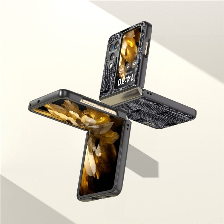 ABEEL For Oppo Find N3 Flip 5G Mahjong Texture Folding Phone Case Genuine Cow Leather+PC Cover - Black