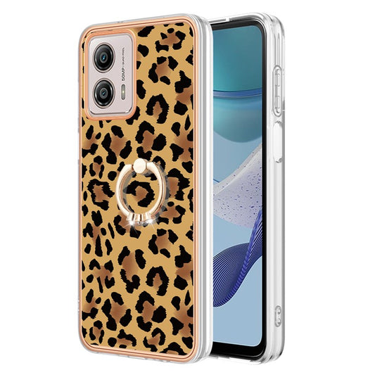 YB IMD Series-20 Style D 2.0mm TPU Electroplated Case for Motorola Moto G53 5G / G23 4G / G13 4G , Ring Kickstand IMD Phone Cover - Leopard