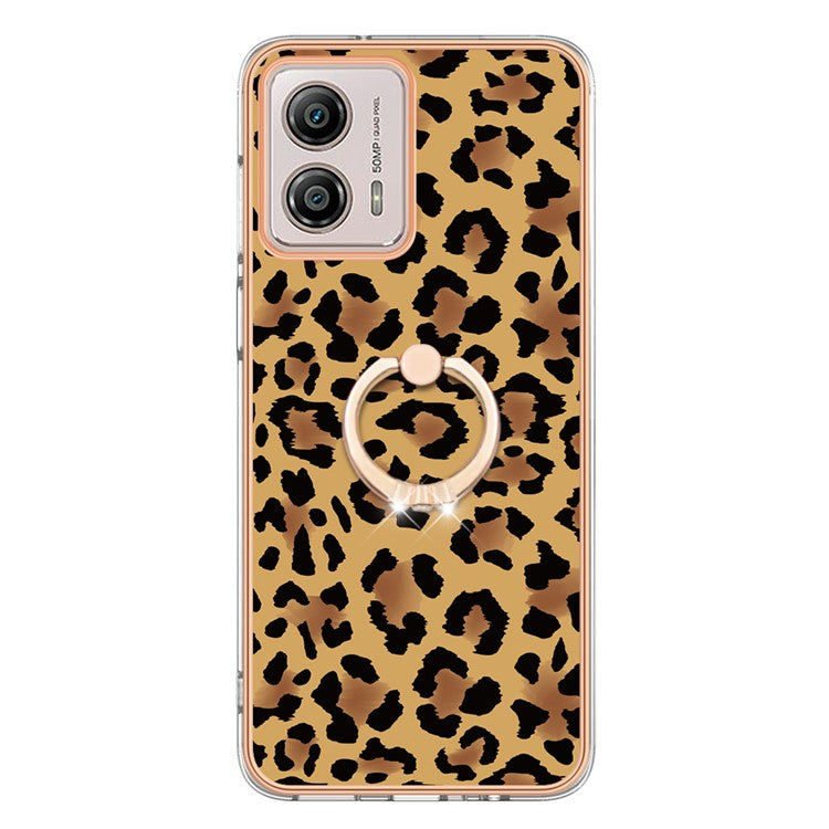 YB IMD Series-20 Style D 2.0mm TPU Electroplated Case for Motorola Moto G53 5G / G23 4G / G13 4G , Ring Kickstand IMD Phone Cover - Leopard