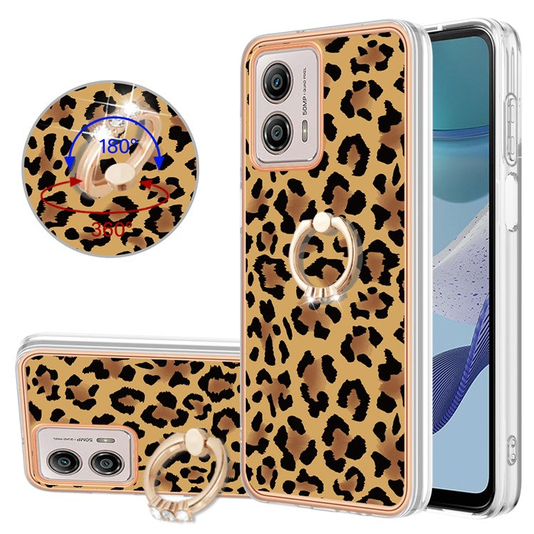 YB IMD Series-20 Style D 2.0mm TPU Electroplated Case for Motorola Moto G53 5G / G23 4G / G13 4G , Ring Kickstand IMD Phone Cover - Leopard