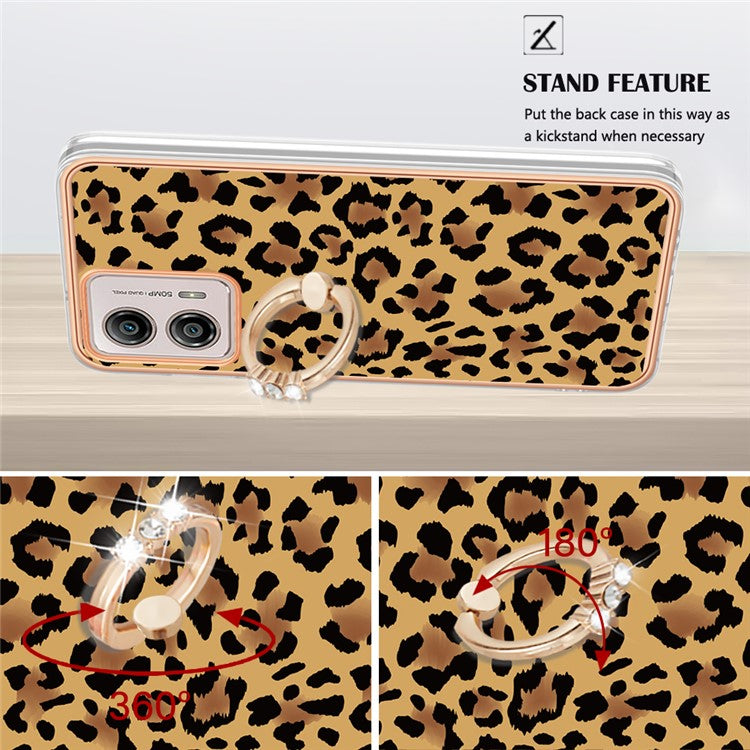 YB IMD Series-20 Style D 2.0mm TPU Electroplated Case for Motorola Moto G53 5G / G23 4G / G13 4G , Ring Kickstand IMD Phone Cover - Leopard