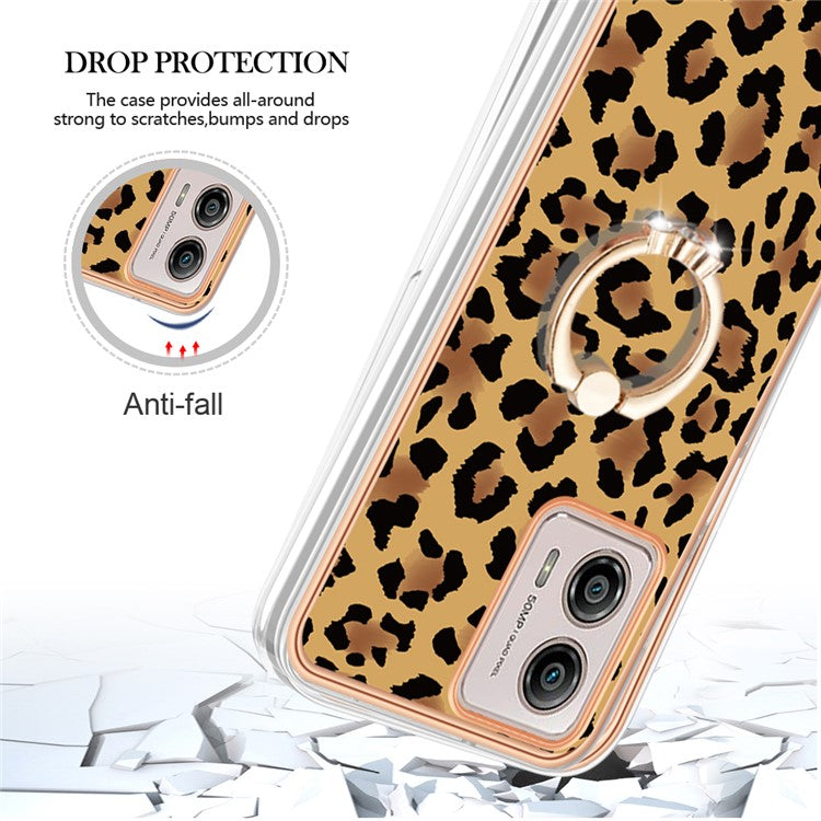 YB IMD Series-20 Style D 2.0mm TPU Electroplated Case for Motorola Moto G53 5G / G23 4G / G13 4G , Ring Kickstand IMD Phone Cover - Leopard