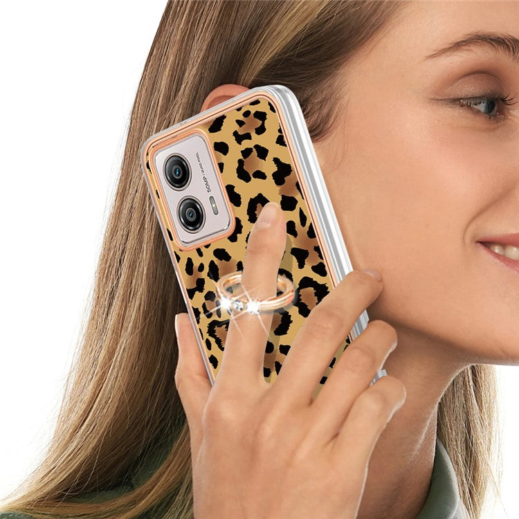 YB IMD Series-20 Style D 2.0mm TPU Electroplated Case for Motorola Moto G53 5G / G23 4G / G13 4G , Ring Kickstand IMD Phone Cover - Leopard