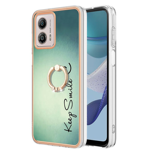 YB IMD Series-20 Style D 2.0mm TPU Electroplated Case for Motorola Moto G53 5G / G23 4G / G13 4G , Ring Kickstand IMD Phone Cover - Keep Smile