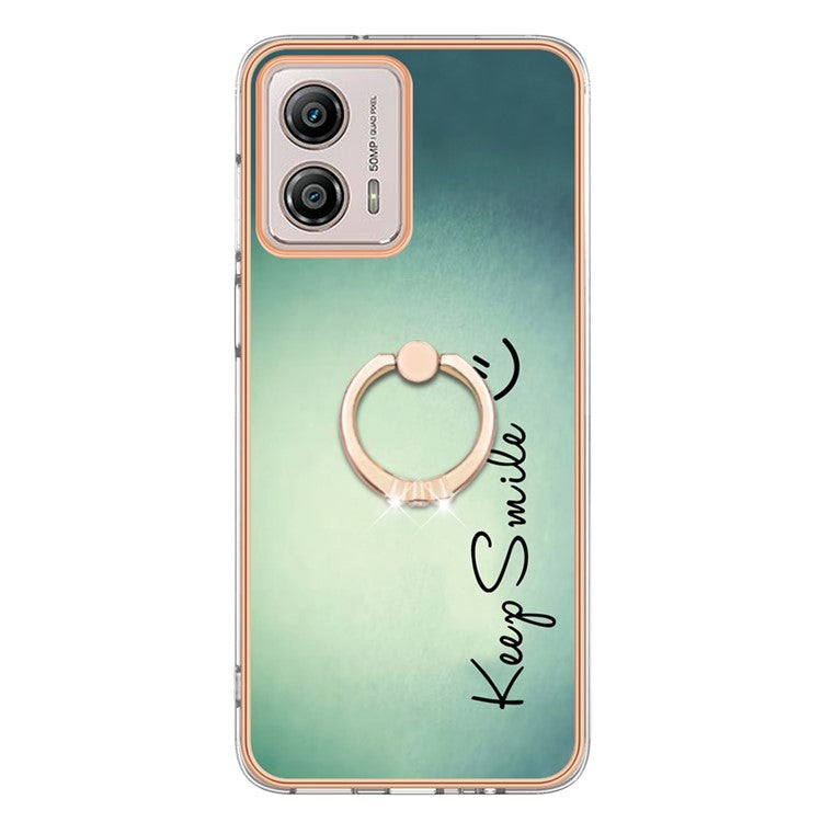 YB IMD Series-20 Style D 2.0mm TPU Electroplated Case for Motorola Moto G53 5G / G23 4G / G13 4G , Ring Kickstand IMD Phone Cover - Keep Smile