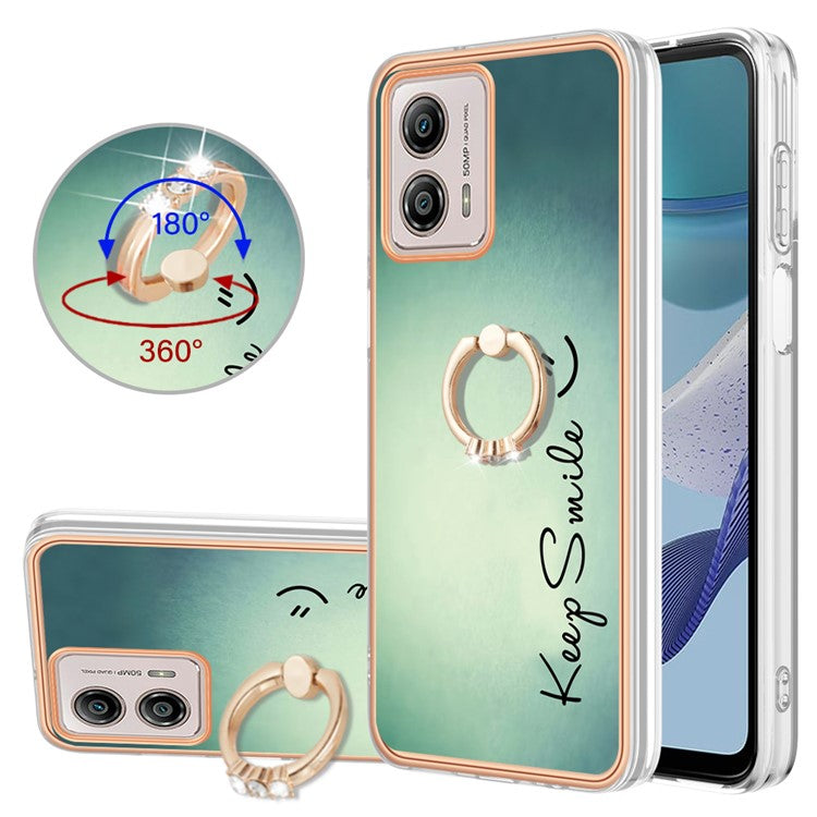 YB IMD Series-20 Style D 2.0mm TPU Electroplated Case for Motorola Moto G53 5G / G23 4G / G13 4G , Ring Kickstand IMD Phone Cover - Keep Smile