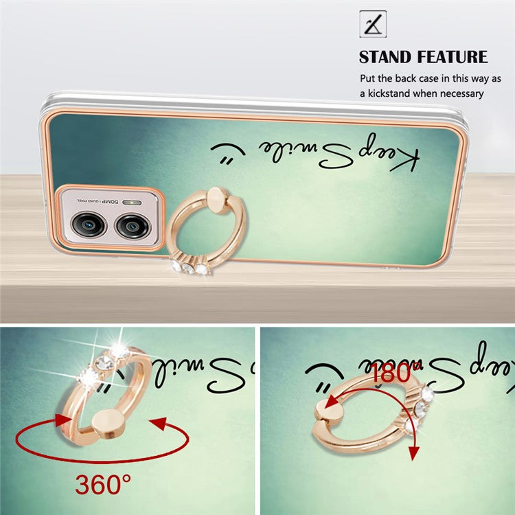 YB IMD Series-20 Style D 2.0mm TPU Electroplated Case for Motorola Moto G53 5G / G23 4G / G13 4G , Ring Kickstand IMD Phone Cover - Keep Smile