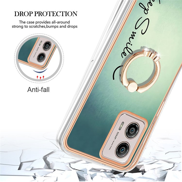 YB IMD Series-20 Style D 2.0mm TPU Electroplated Case for Motorola Moto G53 5G / G23 4G / G13 4G , Ring Kickstand IMD Phone Cover - Keep Smile