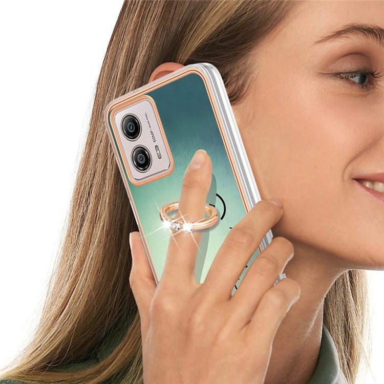 YB IMD Series-20 Style D 2.0mm TPU Electroplated Case for Motorola Moto G53 5G / G23 4G / G13 4G , Ring Kickstand IMD Phone Cover - Keep Smile