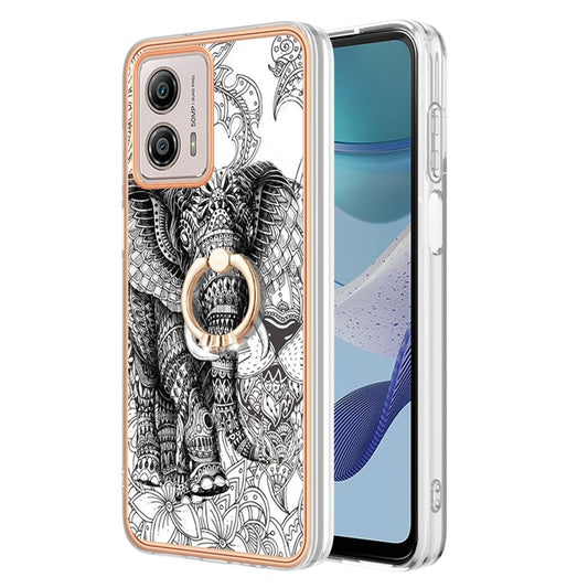 YB IMD Series-20 Style D 2.0mm TPU Electroplated Case for Motorola Moto G53 5G / G23 4G / G13 4G , Ring Kickstand IMD Phone Cover - Totem Elephant