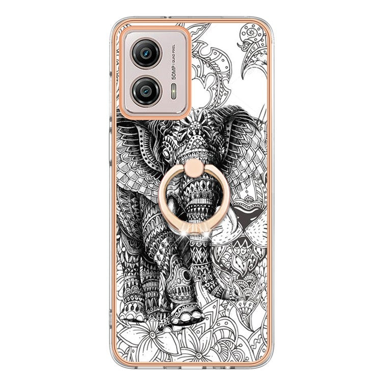 YB IMD Series-20 Style D 2.0mm TPU Electroplated Case for Motorola Moto G53 5G / G23 4G / G13 4G , Ring Kickstand IMD Phone Cover - Totem Elephant