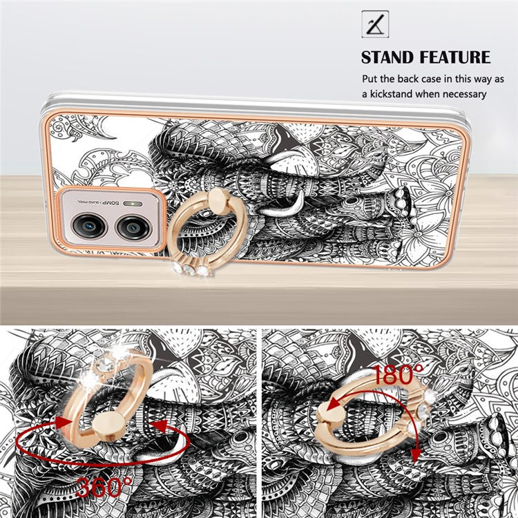 YB IMD Series-20 Style D 2.0mm TPU Electroplated Case for Motorola Moto G53 5G / G23 4G / G13 4G , Ring Kickstand IMD Phone Cover - Totem Elephant