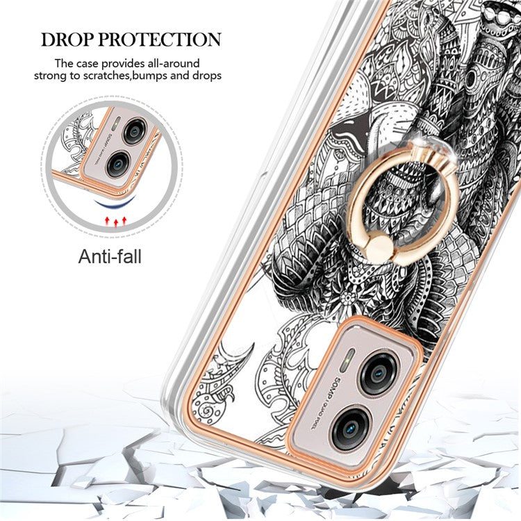 YB IMD Series-20 Style D 2.0mm TPU Electroplated Case for Motorola Moto G53 5G / G23 4G / G13 4G , Ring Kickstand IMD Phone Cover - Totem Elephant