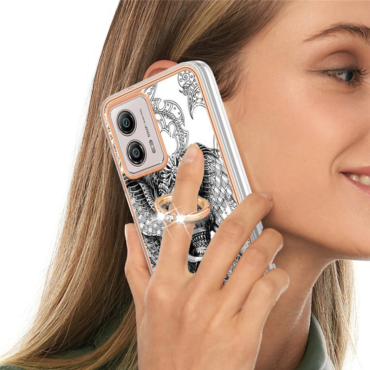 YB IMD Series-20 Style D 2.0mm TPU Electroplated Case for Motorola Moto G53 5G / G23 4G / G13 4G , Ring Kickstand IMD Phone Cover - Totem Elephant
