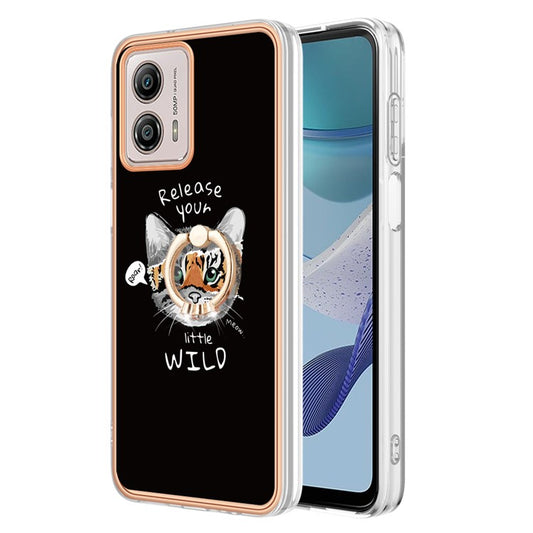 YB IMD Series-20 Style D 2.0mm TPU Electroplated Case for Motorola Moto G53 5G / G23 4G / G13 4G , Ring Kickstand IMD Phone Cover - Cat / Tiger