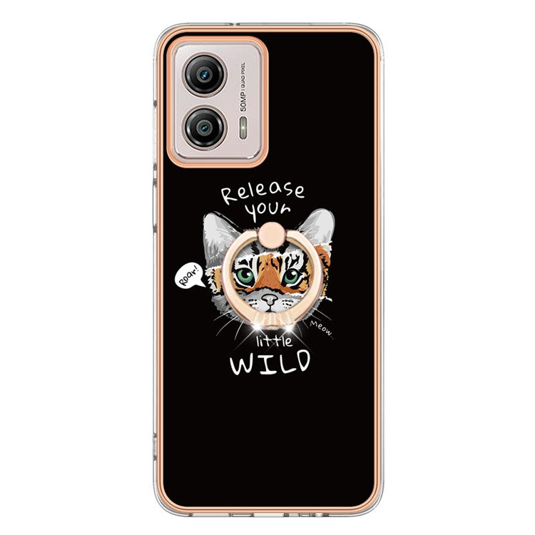 YB IMD Series-20 Style D 2.0mm TPU Electroplated Case for Motorola Moto G53 5G / G23 4G / G13 4G , Ring Kickstand IMD Phone Cover - Cat / Tiger