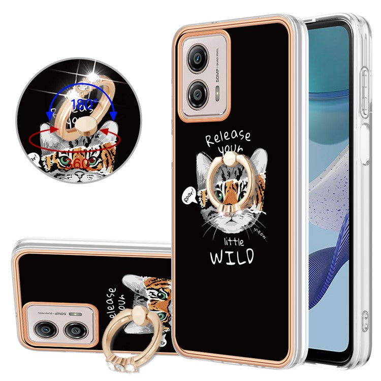 YB IMD Series-20 Style D 2.0mm TPU Electroplated Case for Motorola Moto G53 5G / G23 4G / G13 4G , Ring Kickstand IMD Phone Cover - Cat / Tiger