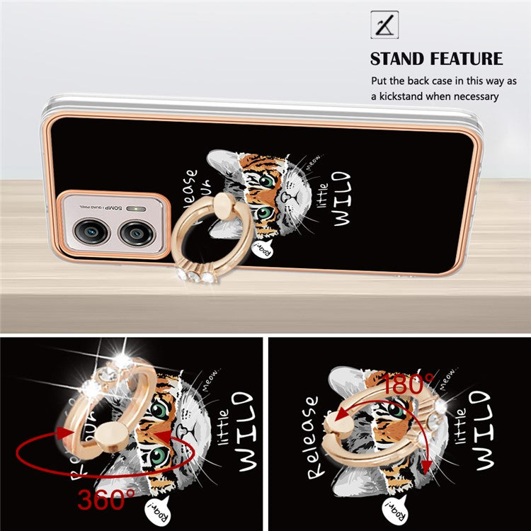 YB IMD Series-20 Style D 2.0mm TPU Electroplated Case for Motorola Moto G53 5G / G23 4G / G13 4G , Ring Kickstand IMD Phone Cover - Cat / Tiger