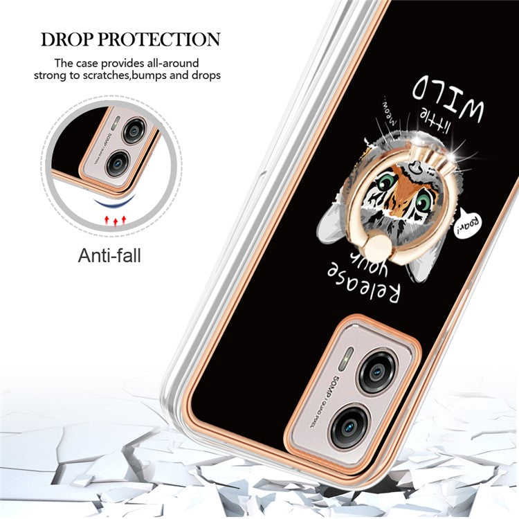 YB IMD Series-20 Style D 2.0mm TPU Electroplated Case for Motorola Moto G53 5G / G23 4G / G13 4G , Ring Kickstand IMD Phone Cover - Cat / Tiger