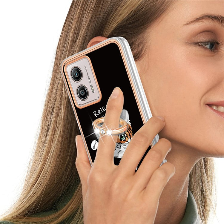 YB IMD Series-20 Style D 2.0mm TPU Electroplated Case for Motorola Moto G53 5G / G23 4G / G13 4G , Ring Kickstand IMD Phone Cover - Cat / Tiger