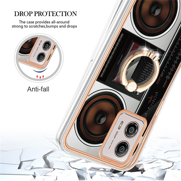 YB IMD Series-20 Style D 2.0mm TPU Electroplated Case for Motorola Moto G53 5G / G23 4G / G13 4G , Ring Kickstand IMD Phone Cover - Radio