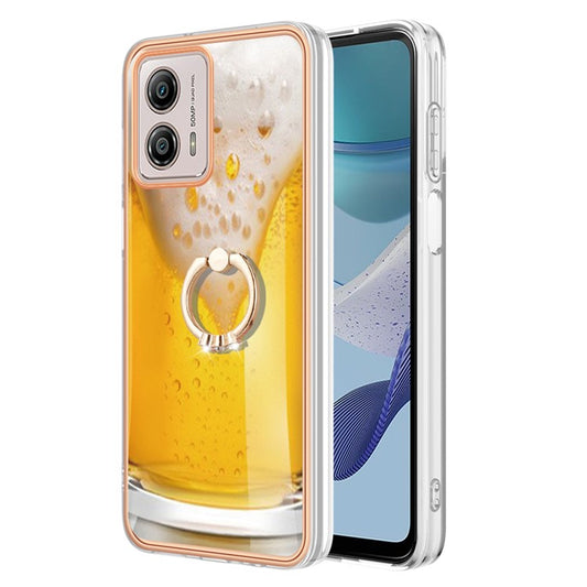 YB IMD Series-20 Style D 2.0mm TPU Electroplated Case for Motorola Moto G53 5G / G23 4G / G13 4G , Ring Kickstand IMD Phone Cover - Beer