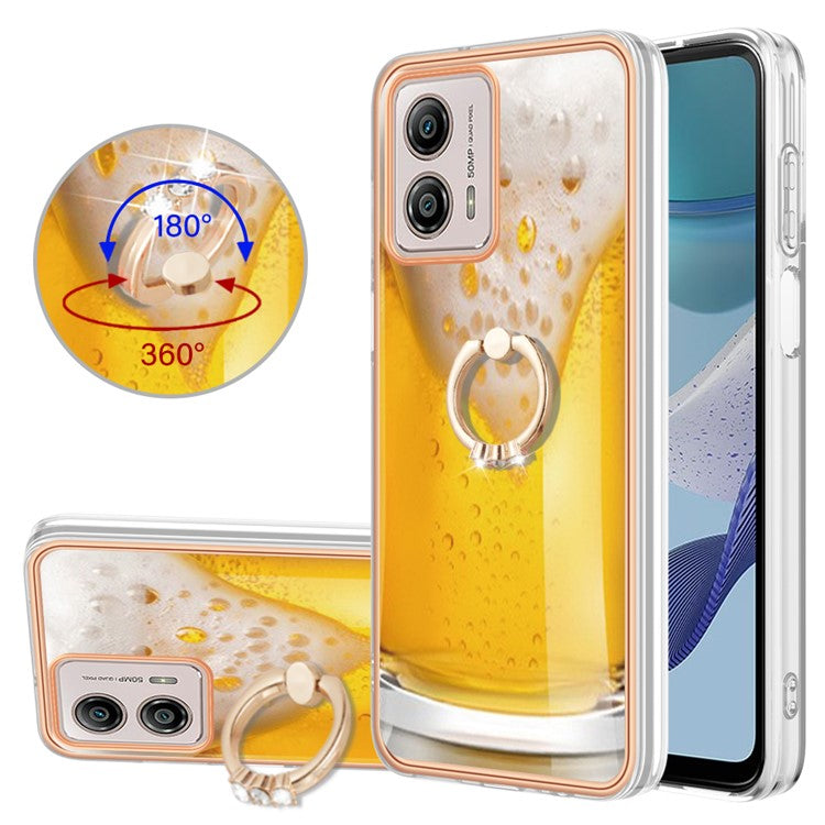 YB IMD Series-20 Style D 2.0mm TPU Electroplated Case for Motorola Moto G53 5G / G23 4G / G13 4G , Ring Kickstand IMD Phone Cover - Beer